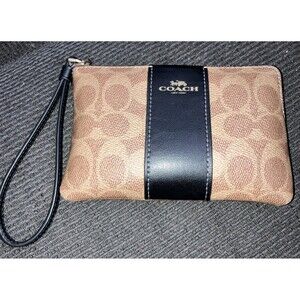 Coach Signature Logo Brown Black Wristlet Pouch Gold Hardware Zip Closure